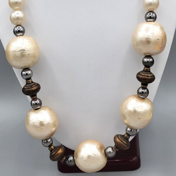 Chunky Statement Necklace Large Cotton Beads Imitation Pearls With Spacers Vtg - Picture 2 of 9